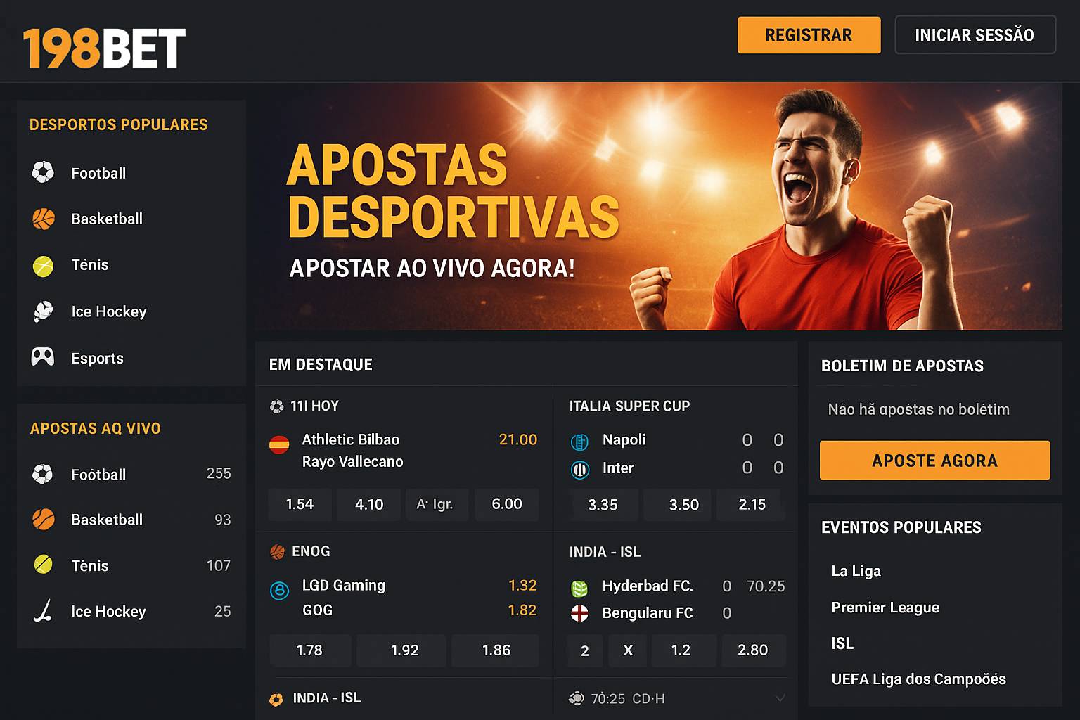 Apostas esportivas no cassino online 198BET